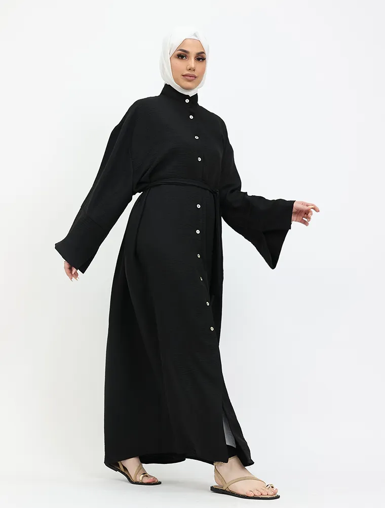 Black Linen Feel Mandarin Shirt